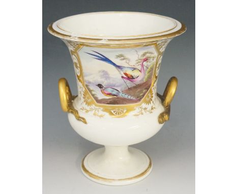 A Derby campana vase, painted to one side with an irregular octagonal panel depicting two exotic birds with hills and a lake 