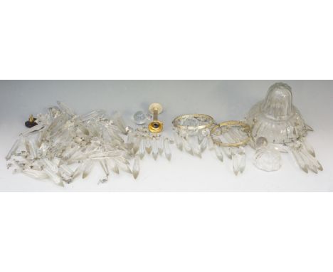 A quantity of glass droplets for lights / lustres; together with the remnants of a central ceiling light shade / chandelier (