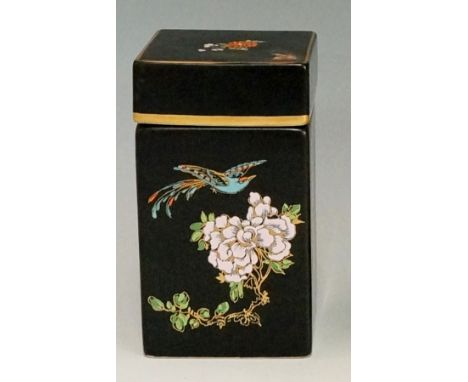 A Carltonware square box and cover printed and painted with fanciful birds, insects and butterflies on a black ground, 11.5cm