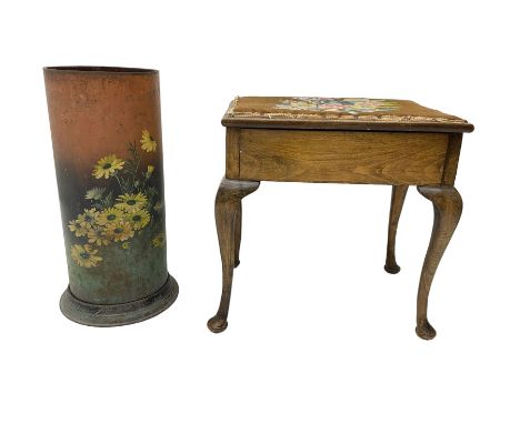 Painted tin stick stand, with dandelion decoration (H62cm); Piano stool, rectangular hinged seat with tapestry fabric, raised