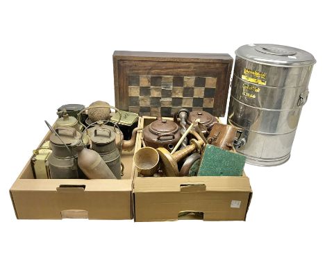 Mauchline ware trinket box and thimble holder, together with copper kettle, two large brown enamel teapots, wooden chess boar