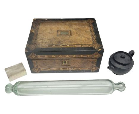 Victorian glass rolling pin, black basalt teapot, mother of pearl box with foliate engraving and sliding lid, and a wooden wr