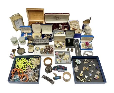 Collection of costume jewellery, to include beaded necklaces, brooches, earrings etc, together with a President Quartz mantel