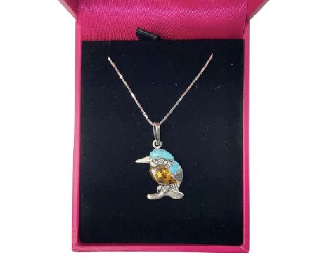 Silver Baltic amber and turquoise kingfisher pendant necklace, stamped 925 