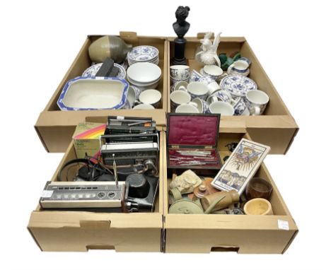 Johnson Bros Indies pattern tea and dinner wares, painted metal female bust on wooden plinth, three radios including one Robe