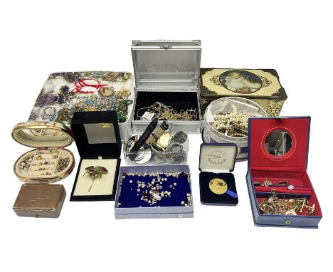 Large collection of costume jewellery including beaded necklaces, earrings, bracelets and brooches, together with a collectio