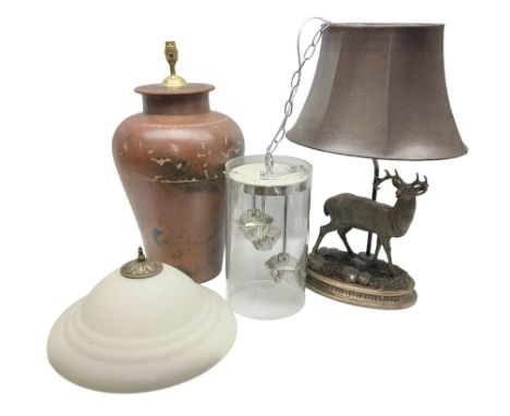 Two table lamps, one in the form of a deer, the other of baluster form with a red and black ground,  lampshade and another li