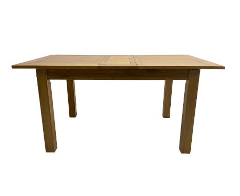 Light oak extending dining table, rectangular top with rounded corners raised on square supports, with additional leafDimensi