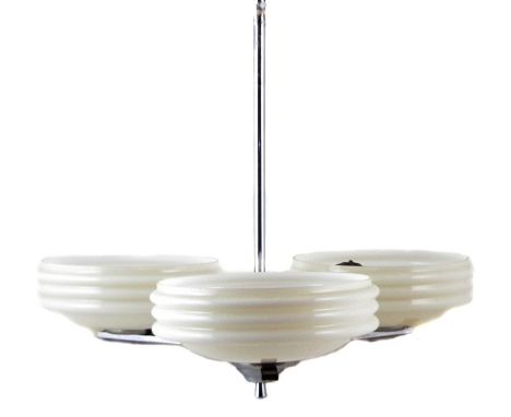 Art Deco chrome and glass three branch light fitting, 48cm drop.Condition report: No damages to the glass shades. Minor tarni