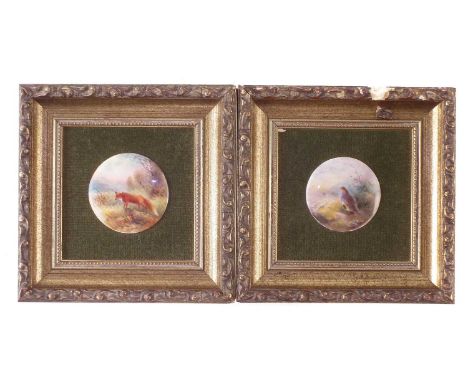 Two Royal Worcester plaques signed G and H. Stinton, painted with a fox and grouse, framed.5.5cm diameter Condition report: N