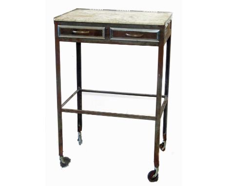 20th-century medical table, rectangular white and grey veined marble top, supported on polished steel frame, two frieze drawe