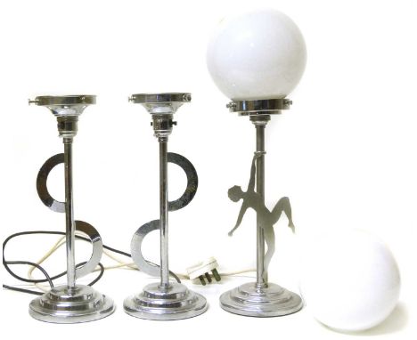 20th-century chromium-plated table lamp the single column decorated with a dancing nymph, circular stepped base with button s