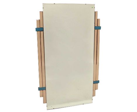 Amber tinted rectangular bevelled wall mirror, with two deco amber and blue bevelled glass embellishments.width 71cm (28"), h