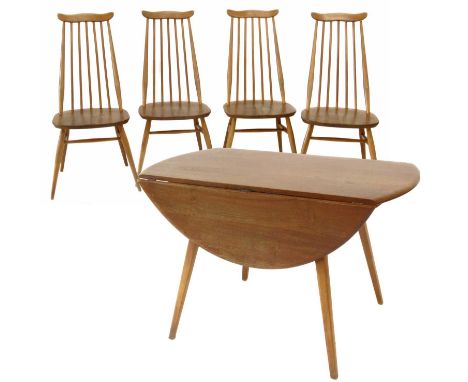 Four ash and elm Ercol single dining chairs, date stamp 1960, each with comb back solid seat, turned legs, accompanied by mat