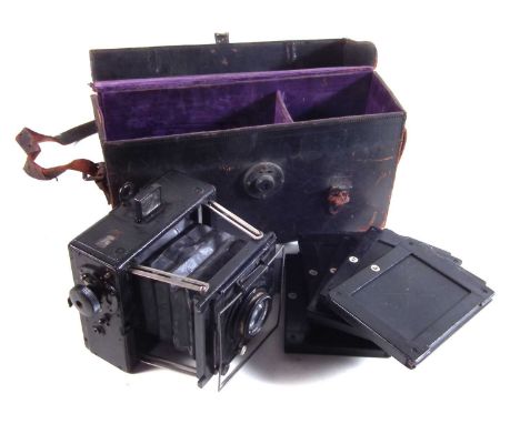 Ross plate camera with case and accessories fitted with patent 136mm Xpres F4.5 lens, with six plates, in leather case retail