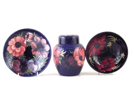 Moorcroft ginger jar and two bowls, decorated with Clematis pattern.The jar stands 16cm high Condition report: The jar has he