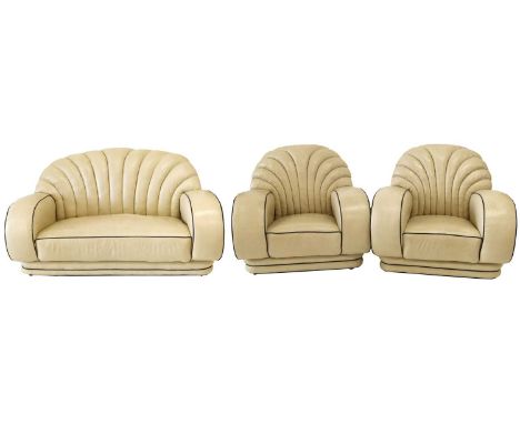 Art Deco design three-piece suite comprising a two-seater sofa and two chairs, all with cream Connolly hide upholstery, fan-s