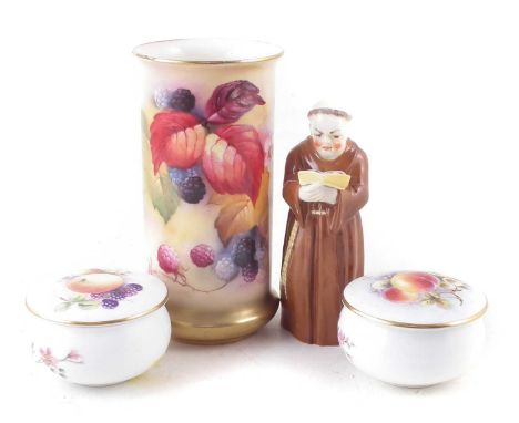 Pair of Royal Worcester boxes signed P.M Plant, and G Banks, painted with fruit, a berries vase signs Blake also a Monk candl