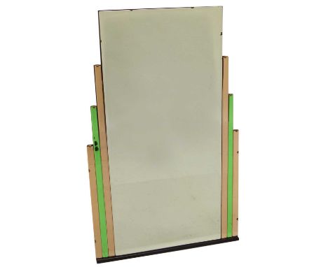 Rectangular Art Deco design overmantel mirror with odeon style amber and green-tinted columns flanking each side, standing on