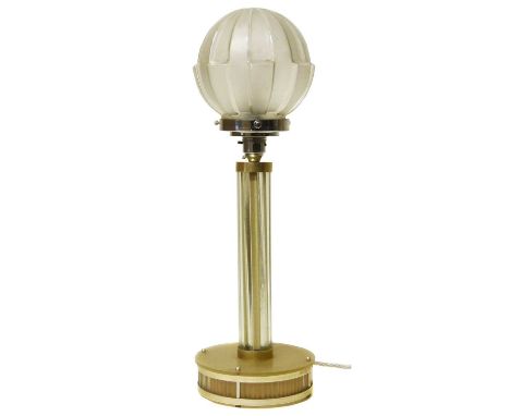 Early 20th century Art Deco design desk lamp, pressed glass globe, frosted and clear mounted on acrylic and glass base.height