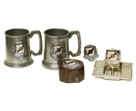 Two pewter tankards North West Centre MG, 1st Inclass, Follow The Leader and two other MG Car Club enamel plaques Cockshoot t