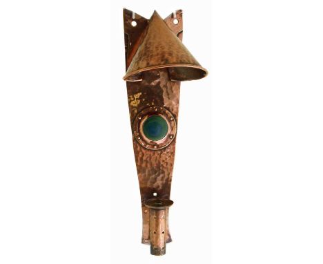 Hammered copper Arts &amp; Crafts design wall lamp, copper plate supporting a conical-shaped canopy above turquoise ceramic c