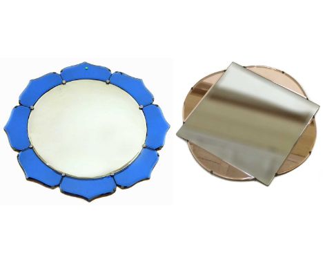 Art Deco wall mirror in the shape of a flower head, central dome glass framed by blue-tinted petal-shaped panels and one othe