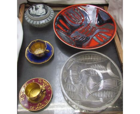 Two continental cabinet cups and saucers together with a Poole pottery plate, Delft box and cover and a glass dish