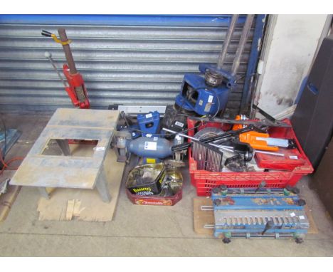 A Record Power lathe together with a pillar drill, bench grinder, and other tools (Sold as seen, untested)