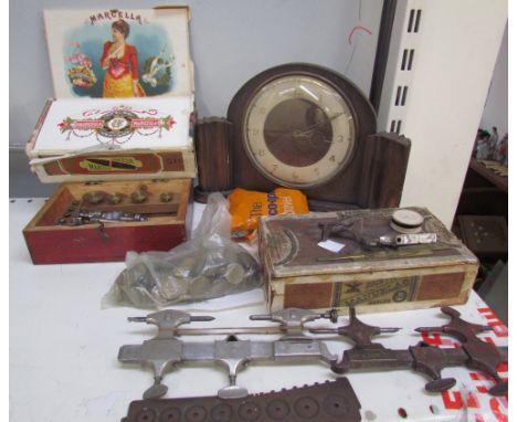 An antler handled walking stick, together with a micrometer, cigars, coins, clock etc