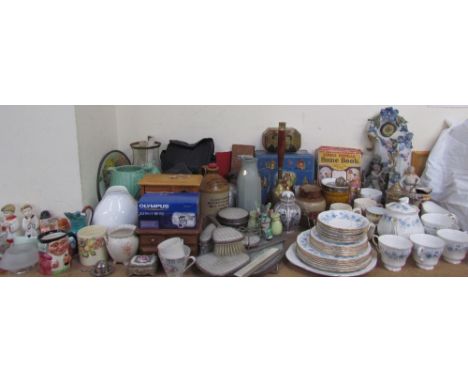 A Sylvac pottery jug together with pottery figures, cameras, dressing table set, jewellery boxes, tins, Colclough part tea se