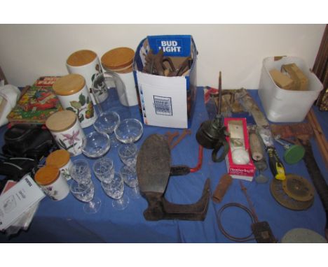 Assorted tools, together with a shoe last, books, Portmeirion storage jars, two cameras and assorted  cut glass