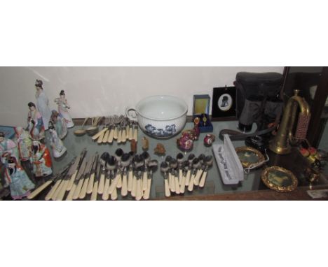 Chinese porcelain figures together with a part flatware service, binoculars, wristwatches, bugle etc