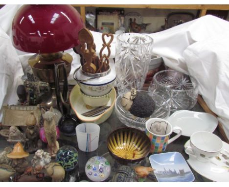 A glass paperweight, dated 1970 together with other glass paperweights, glass vases, glass bowl, pottery sheep, oil lamp, pot