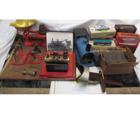 A Lines Bros Tri-Ang Express locomotive in blue together with a Mamod steam engine, stereoscopic viewer and cards, Corgi mode