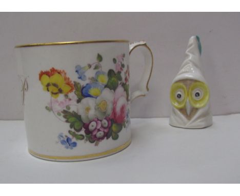 A Royal Worcester porcelain Owl candle snuffer, black mark together with a 19th century English porcelain mug initialled EP, 