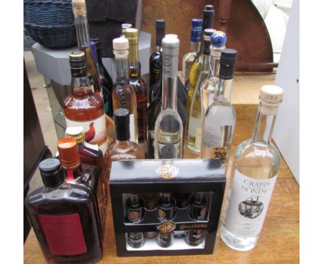 Assorted bottles of alcohol including Baileys, Grappa, Famous Grouse, etc