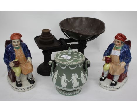 AN EDWARDIAN WEDGWOOD GREEN JASPERWARE BISCUIT BARREL AND COVER of classical form decorated with classical maidens and manufa