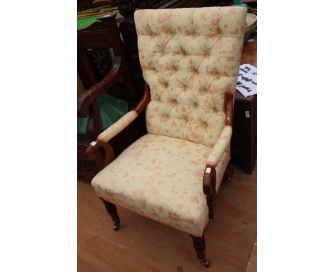 A 19TH CENTURY MAHOGANY OPEN ARMCHAIR with button upholstered back, overstuffed upholstered arms with scroll finials and over