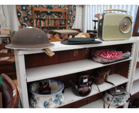A GROUP OF MISCELLANEOUS ITEMS to include pottery, an old Bush radio, a brown pottery coffee pot, an opera top hat, an old ca