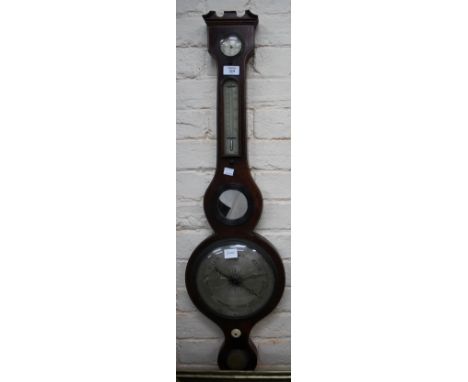 A 19TH CENTURY WHEEL BAROMETER with steel dial, thermometer and hygrometer 94cm high 