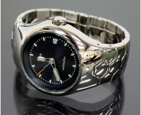 AN ALESSI STAINLESS STEEL CASED AUTOMATIC WRISTWATCH the circular blue dial with baton numerals and subsidiary date aperture 
