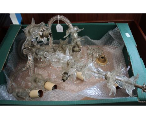 A SIX LIGHT GLASS ELECTROLIER the six cable twist scrolling arms with shaped drip pans, approximately 61cm high overall 