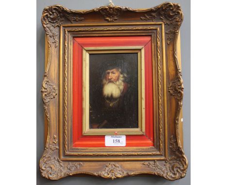 A DECORATIVE PORTRAIT of a bearded scholar, oil on board together with a print of a boy with a cat, after Baxter and a miniat