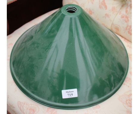 A SET OF THREE GREEN ENAMEL CONICAL LIGHT SHADES, 36.5cm diameter