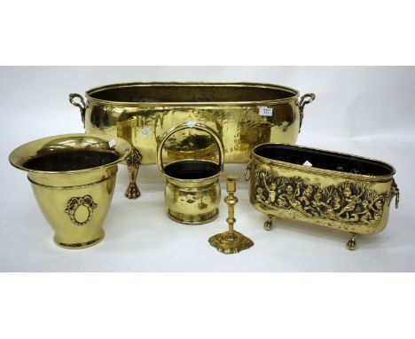 A QUANTITY OF ANTIQUE BRASSWARE to include a jardiniere, an 18th Century brass candlestick, 17cm in height (5)