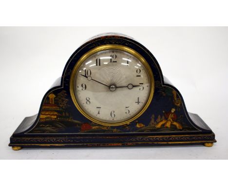 AN EARLY 20TH CENTURY FRENCH PAINTED MANTLE CLOCK with blue ground and chinoiserie decoration, the silvered dial with arabic 