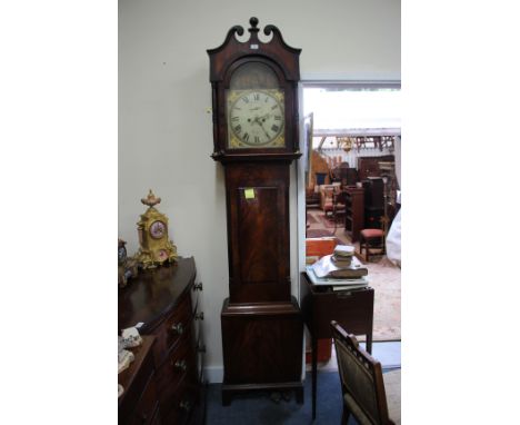 A 19TH CENTURY MAHOGANY 8-DAY LONG CASE CLOCK, the case with swan neck pediment to the hood and turned finial, the painted di