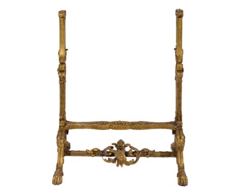 A 19TH/20TH CENTURY GILTWOOD AND GESSO DECORATED CHEVAL MIRROR or fire screen stand with classical decoration in the form of 