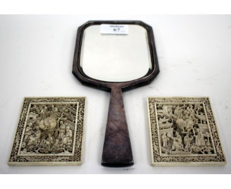 TWO 19TH CENTURY CHINESE FINELY CARVED IVORY PANELS, possibly tea caddy lids, each 9cm x 7cm together with a silver dressing 